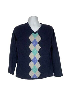 Croft & Barrow Argyle Navy Blue Sweater Large V-Neck Long Sleeve Knit
